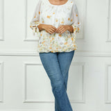 3/4 Tie Sleeve Pleat Neck Border Print Bubble Blouse in Ivory/Yellow/Taupe - Plus