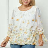 3/4 Tie Sleeve Pleat Neck Border Print Bubble Blouse in Ivory/Yellow/Taupe - Plus