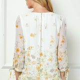 3/4 Tie Sleeve Pleat Neck Border Print Bubble Blouse in Ivory/Yellow/Taupe
