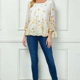 3/4 Tie Sleeve Pleat Neck Border Print Bubble Blouse in Ivory/Yellow/Taupe