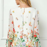 3/4 Tie Sleeve Pleat Neck Border Print Bubble Blouse in Ivory/Coral/Green