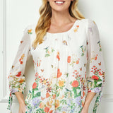 3/4 Tie Sleeve Pleat Neck Border Print Bubble Blouse in Ivory/Coral/Green