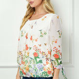 3/4 Tie Sleeve Pleat Neck Border Print Bubble Blouse in Ivory/Coral/Green