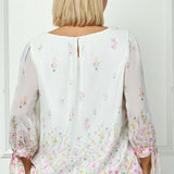 3/4 Tie Sleeve Pleat Neck Border Print Bubble Blouse in Ivory/Yellow/Pink - Plus