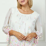 3/4 Tie Sleeve Pleat Neck Border Print Bubble Blouse in Ivory/Yellow/Pink - Plus