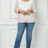 3/4 Tie Sleeve Pleat Neck Border Print Bubble Blouse in Ivory/Yellow/Pink - Plus