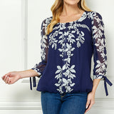 3/4 Tie Sleeve Pleat Neck Placement Print Bubble Blouse in Navy
