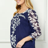 3/4 Tie Sleeve Pleat Neck Placement Print Bubble Blouse in Navy