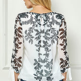 3/4 Tie Sleeve Pleat Neck Placement Print Bubble Blouse in White/Black
