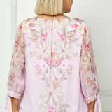 3/4 Tie Sleeve Pleat Neck Placement Print Bubble Blouse in Pink/Melon - Plus