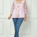 3/4 Tie Sleeve Pleat Neck Placement Print Bubble Blouse in Pink/Melon - Plus