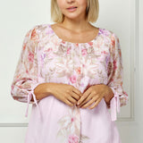 3/4 Tie Sleeve Pleat Neck Placement Print Bubble Blouse in Pink/Melon - Plus