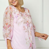 3/4 Tie Sleeve Pleat Neck Placement Print Bubble Blouse in Pink/Melon - Plus