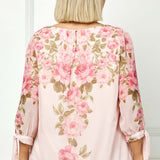 3/4 Tie Sleeve Pleat Neck Placement Print Bubble Blouse in Pink - Plus