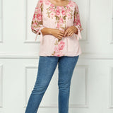 3/4 Tie Sleeve Pleat Neck Placement Print Bubble Blouse in Pink - Plus