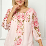 3/4 Tie Sleeve Pleat Neck Placement Print Bubble Blouse in Pink - Plus