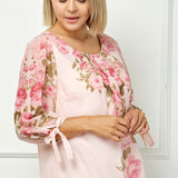 3/4 Tie Sleeve Pleat Neck Placement Print Bubble Blouse in Pink - Plus