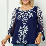 3/4 Tie Sleeve Pleat Neck Placement Print Bubble Blouse in Navy -Plus