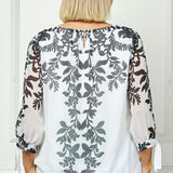 3/4 Tie Sleeve Pleat Neck Placement Print Bubble Blouse in White/Black - Plus