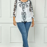 3/4 Tie Sleeve Pleat Neck Placement Print Bubble Blouse in White/Black - Plus