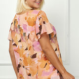 Flutter Sleeve Cutout Neck Pleat Blouse - Plus - Peach