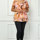 Flutter Sleeve Cutout Neck Pleat Blouse - Plus - Peach