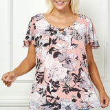 Flutter Sleeve Cutout Neck Pleat Blouse - Plus - Pink