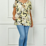 Flutter Sleeve Cutout Neck Pleat Blouse - Plus - Yellow