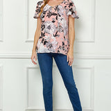 Flutter Sleeve Cutout Neck Pleat Blouse - Pink