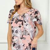 Flutter Sleeve Cutout Neck Pleat Blouse - Pink