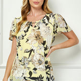 Flutter Sleeve Cutout Neck Pleat Blouse - Yellow