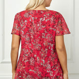 Short Flutter Sleeve Cutout Neck Blouse in Burgundy - Plus