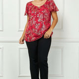 Short Flutter Sleeve Cutout Neck Blouse in Burgundy - Plus