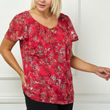 Short Flutter Sleeve Cutout Neck Blouse in Burgundy - Plus