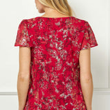 Short Flutter Sleeve Cutout Neck Blouse in Burgundy