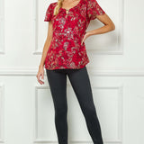 Short Flutter Sleeve Cutout Neck Blouse in Burgundy