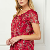 Short Flutter Sleeve Cutout Neck Blouse in Burgundy