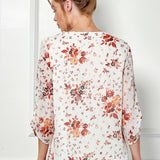 3/4 Tab Sleeve Mandarin Collar Popover Blouse in Ivory/Burgundy/Rust