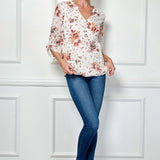 3/4 Tab Sleeve Mandarin Collar Popover Blouse in Ivory/Burgundy/Rust