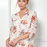 3/4 Tab Sleeve Mandarin Collar Popover Blouse in Ivory/Burgundy/Rust