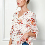 3/4 Tab Sleeve Mandarin Collar Popover Blouse in Ivory/Burgundy/Rust