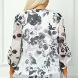 3/4 Button Tab Sleeve Mandarin Collar Blouse in Ivory/Gray - Plus