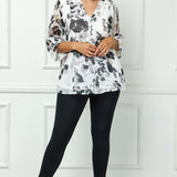 3/4 Button Tab Sleeve Mandarin Collar Blouse in Ivory/Gray - Plus