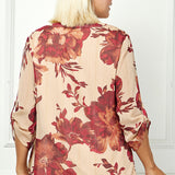 3/4 Button Tab Sleeve Mandarin Collar Popover Blouse in Taupe - Plus