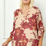 3/4 Button Tab Sleeve Mandarin Collar Popover Blouse in Taupe - Plus