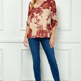 3/4 Button Tab Sleeve Mandarin Collar Popover Blouse in Taupe