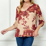 3/4 Button Tab Sleeve Mandarin Collar Popover Blouse in Taupe
