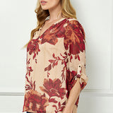 3/4 Button Tab Sleeve Mandarin Collar Popover Blouse in Taupe