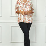 3/4 Button Tab Sleeve Mandarin Collar Blouse in Ivory/Olive - Plus