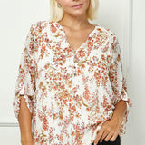 3/4 Button Tab Sleeve Mandarin Collar Blouse in Ivory/Olive - Plus